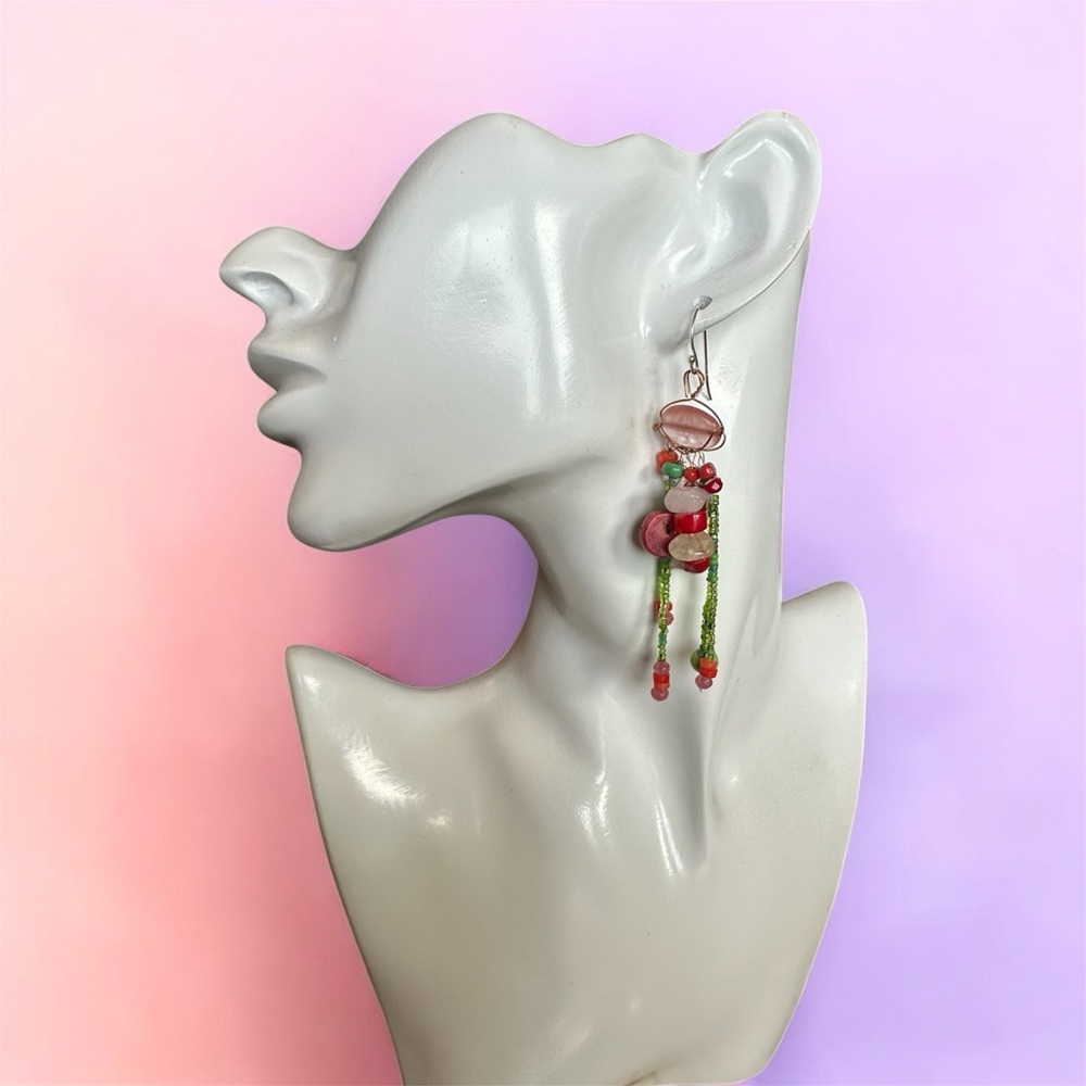 Dangle semi precious stone earrings red green sterling copper wire coral glass